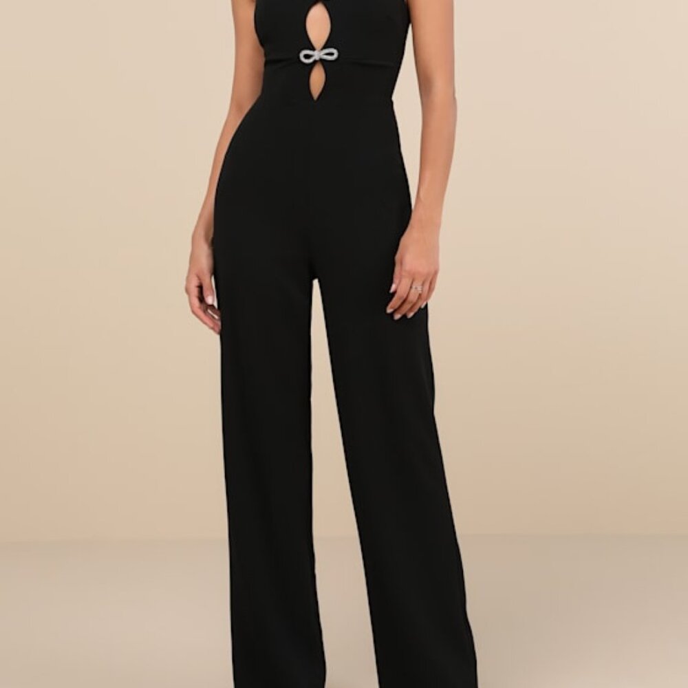 Gorgeous Favorite Black Cutout Rhinestone Bow Jumpsuit